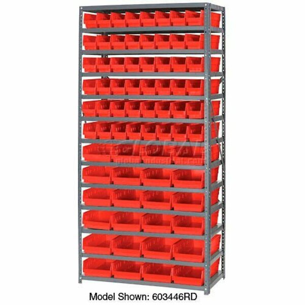 Global Industrial Steel Shelving with Total 72 4inH Plastic Shelf Bins Red, 36x12x72-13 Shelves 603441RD